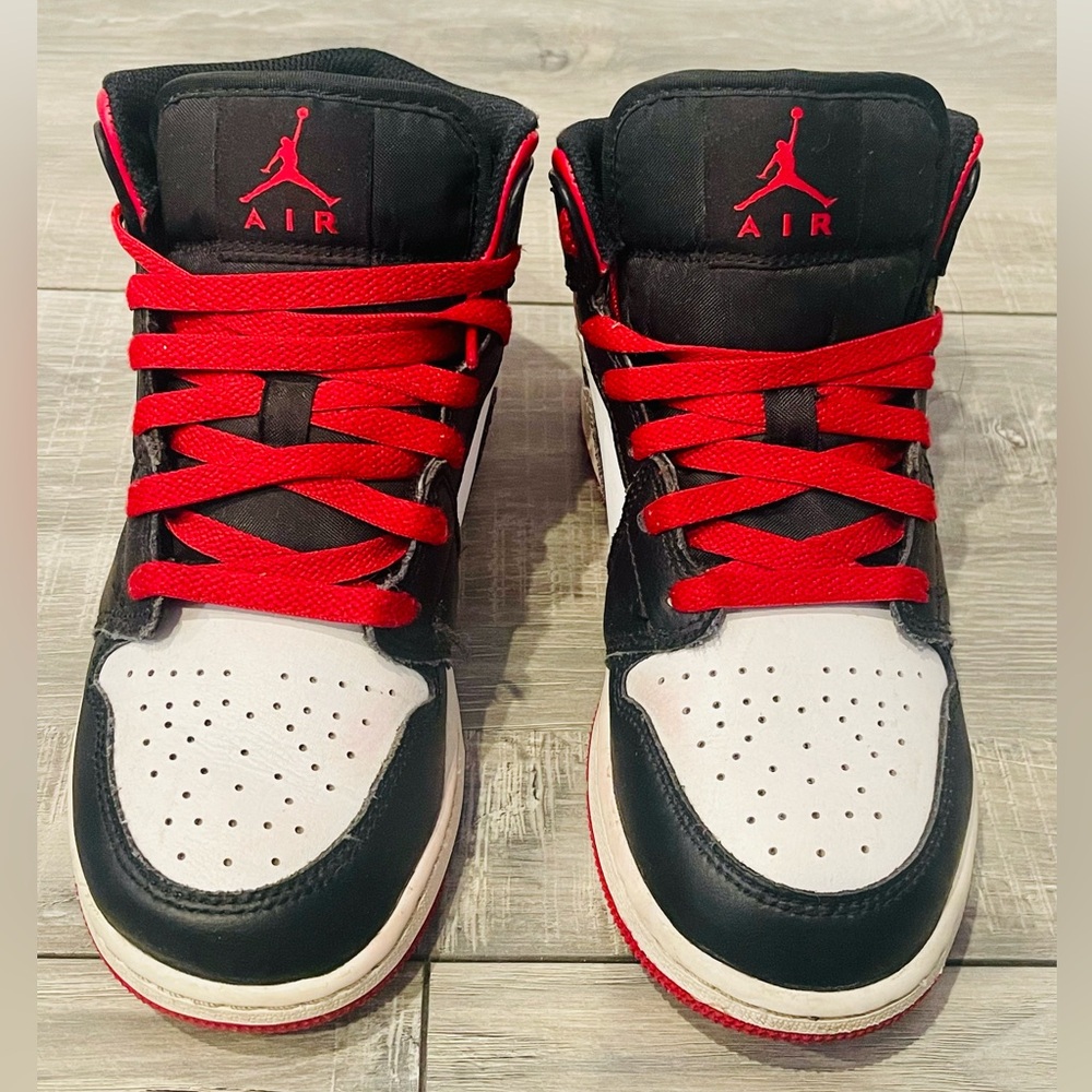 Air Jordan 1 Mid Kids Sneakers - Black and White with Red Accents